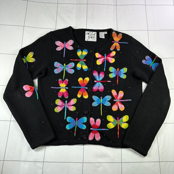 Michael Simon Sweater Womens Small Black Multi Dragonfly Beaded Cardigan Knit - Picture 1 of 6